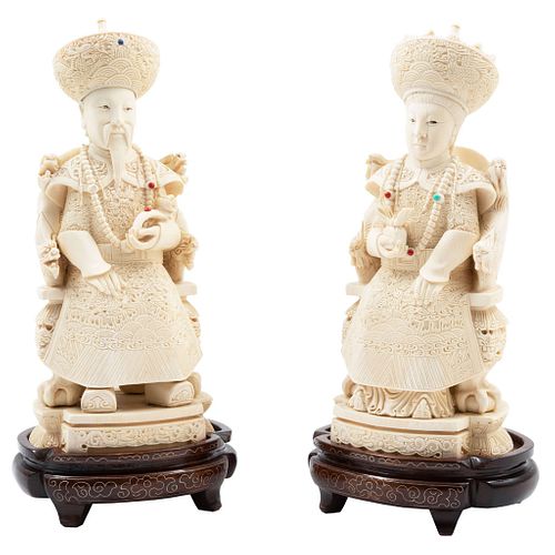 Imperial Couple, China, Ca. 1900, Ivory carved and inked on wooden bases.