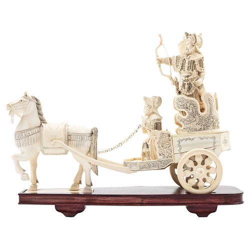 Warrior on Horse, China, Ca. 1900, Carved and openwork ivory on a wooden base.