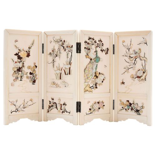 Folding Screen, Japan, 19th century, Shibayama Style from the Meiji period, In polychrome ivory with mother-of-pearl and bone inlays.