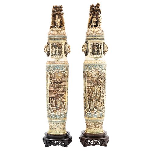 Pair of Urns, Asia, Ca. 1900, Carved and inked ivory with oriental scenes.