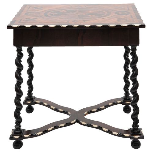 Auxiliary table, Early 20th century, Carved and marqueted wood with bone applications, decorated with fleur-de-lis.