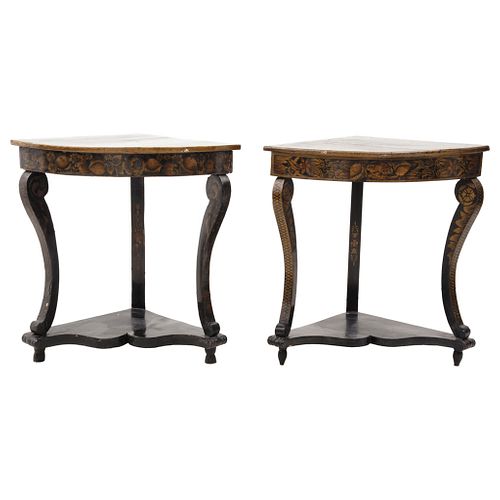 Pair of corner tables, Early 20th century, Carved, polychrome wood with golden decorative details.