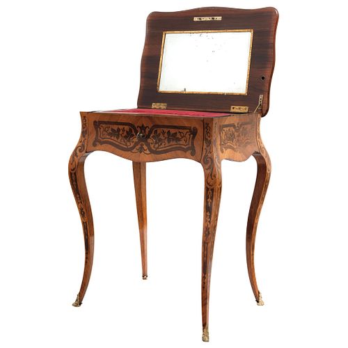 Dressing table, Early 20th century, Wood carved and decorated with marquetry, hinged lid and mirror.