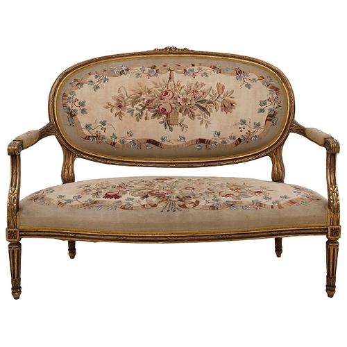 Living Room Set, France, Early 20th century, Carved wood and gobelin upholstery with floral motifs.