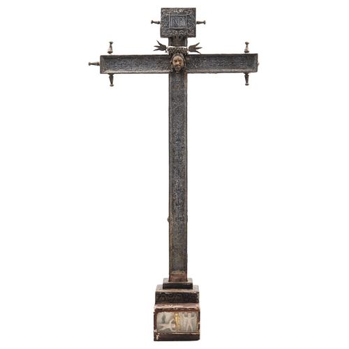 Lectern-type Cross, Mexico, 18th century, Carved, polychrome wood with metal plating and the face of Christ in wood.