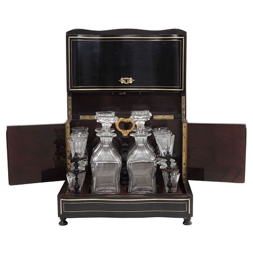 Liquor Box, Early 20th century, NAPOLEÓN III Style, Ebonized wood decorated with gold metal applications. 21 pieces.
