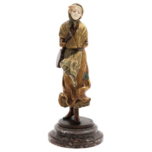 DESPUÉS DE DOMINIQUE ALONZO. France, 20th century, Chryselephantine Woman, Ivory carving with gilt and patinated bronze casting.