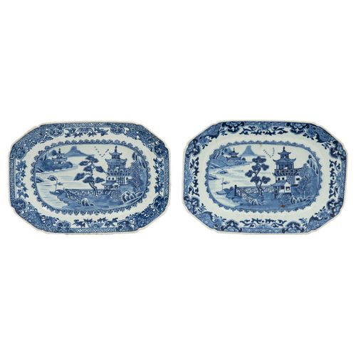 Pair of Platters, England, 19th century, East India Company Porcelain, Decorated with landscapes in blue and white.
