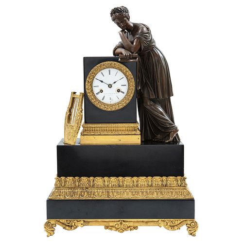 Chimney Clock, France, 19th century, LE ROY ET FILS, Carved and ebonized wood with gilded applications and bronze sculpture.