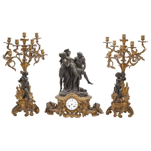 CLAUDE MICHEL, France, 18th century, Decoration, In bronze and gilt details representing a Bacchant supported by Bacchus and a faun.