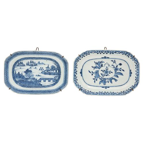 Pair of Platters, England, 19th century, Semi-porcelain decorated with landscape and floral motifs in blue and white.
