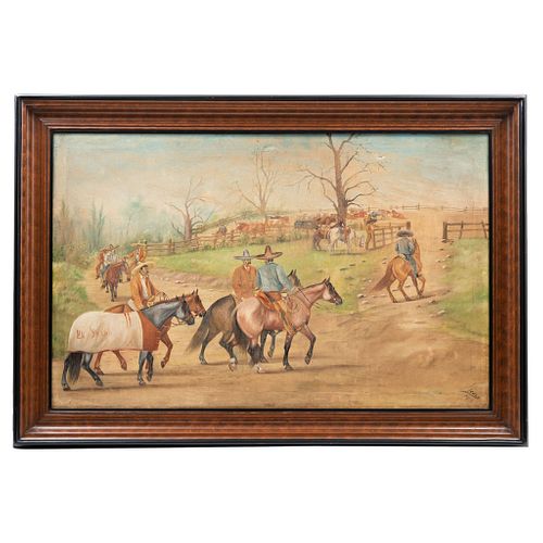 ERNESTO ICAZA, Mexico, Early 20th century, CHARROS A CABALLO, Oil on canvas. Signed and dated.