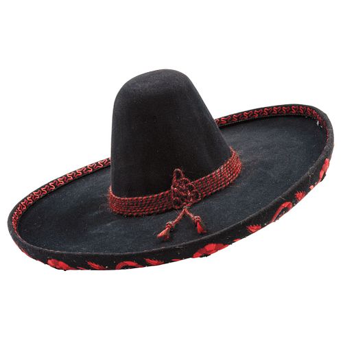 Charro Hat, Mexico, 20th century, Made in black felt, Decorated with red cord.