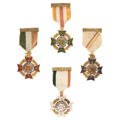 Lot of Four Military Awards for Perseverance, Mexico, 1926, Gilt and enamelled metal with a Molina cross design.