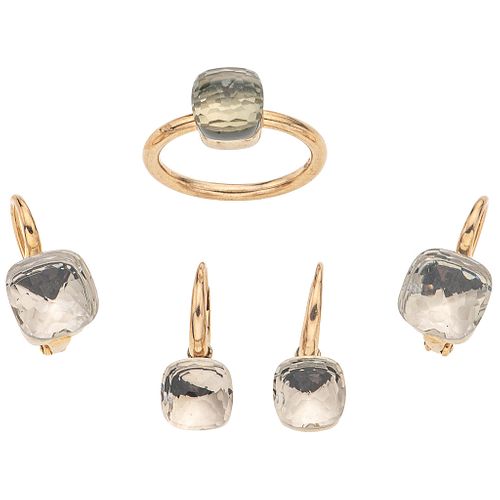 RING AND TWO PAIRS OF EARRINGS WITH PRASIOLITE AND TOPAZ . 18K YELLOW GOLD. POMELLATO NUDO COLLECTION