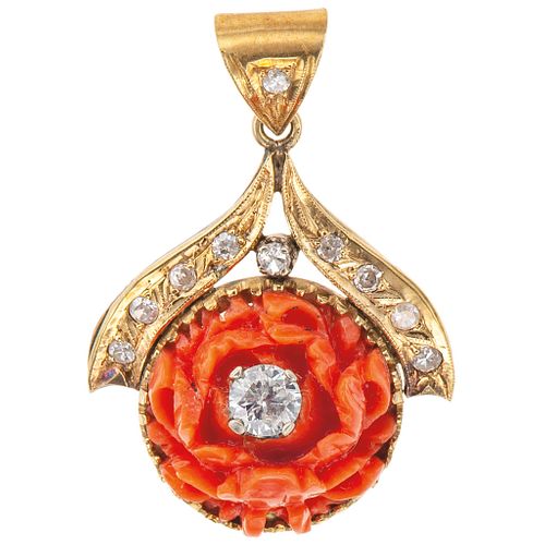 CORAL AND DIAMONDS PENDANT. 14K YELLOW GOLD