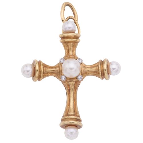 CULTURED PEARLS AND DIAMONDS CROSS. 18K AND 14K YELLOW GOLD