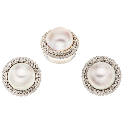  RING AND EARRINGS SET WITH HALF PEARLS AND DIAMONDS. 14K WHITE GOLD