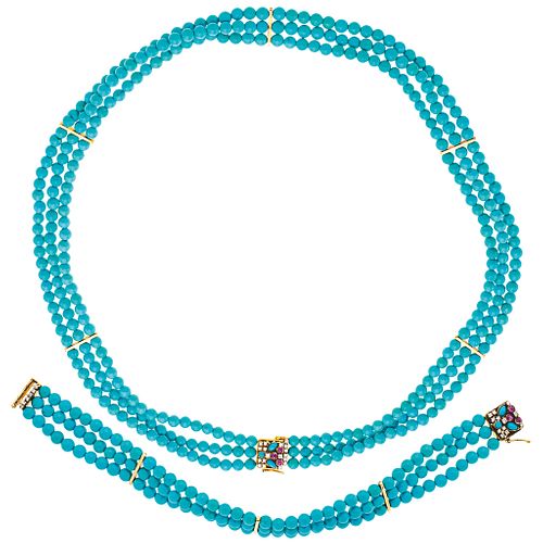 TURQUOISES CHOKER AND WRISTBAND SET WITH  14K YELLOW GOLD CLASPS WITH DIAMONDS, RUBIES AND TURQUOISES