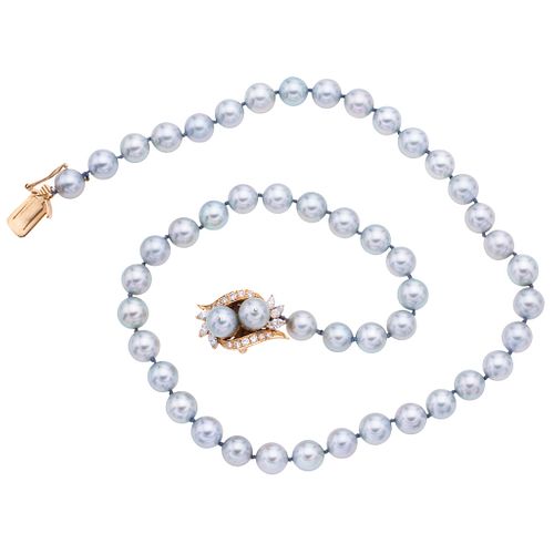 CULTURED PEARLS CHOKER. 14K YELLOW GOLD CLASP WITH DIAMONDS AND CULTURED PEARLS 