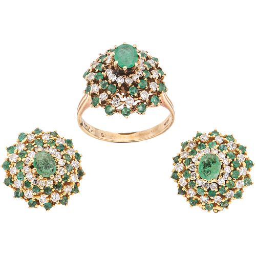 RING AND EARRINGS SET WITH EMERALDS AND DIAMONDS. 14K YELLOW GOLD