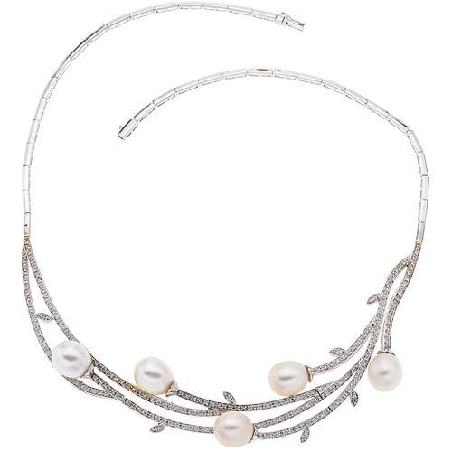 CULTURED PEARLS AND DIAMONDS CHOKER. 14K WHITE GOLD