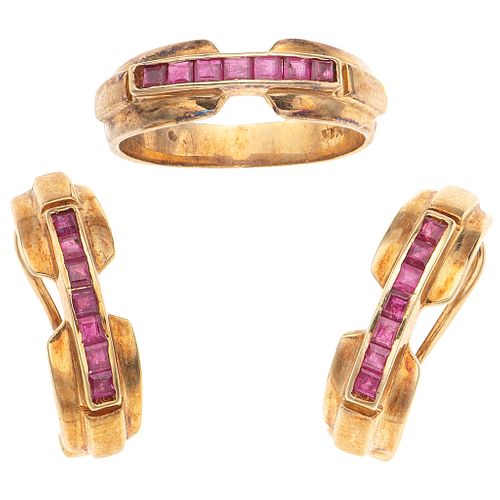 RING AND EARRINGS SET WITH RUBIES. 14K YELLOW GOLD