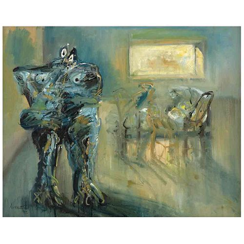 JAZZAMOART, Interior con Bebopera II, Signed and dated 87 on front, Signed and dated Méx 87 on back, Oil on canvas, 31.4 x 39.2" (80 x 99.8 cm)