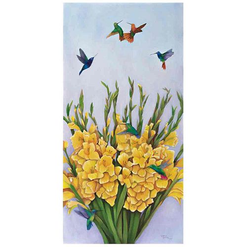 LORENA RAMÍREZ, Danza de colibríes, Signed and dated 2020 front and back, Oil on canvas, 39.3 x 19.6" (100 x 50 cm), Certificate