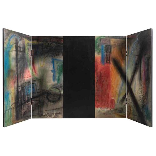 CARLOS TORRES, Tryptyque No. 77, Signed and dated 1989 on back, Mixed technique on wood, triptych joined by hinges, 25.5 x 48.8" (65x124 cm) in total