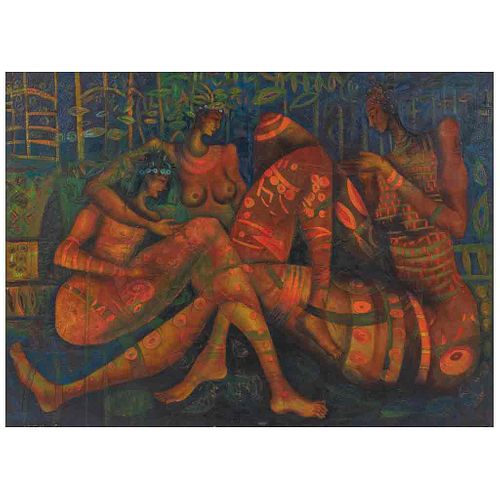 TOMÁS PINEDA MATUS, Diálogo, Signed and dated 2003 on front, Signed on back, Oil and sand on canvas, 59 x 80.3" (150 x 204 cm)