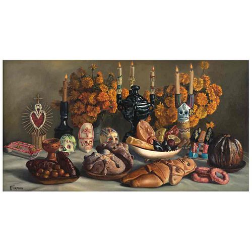 ALFONSO TIRADO, Ofrenda con figuras, Unsigned, Oil on canvas, 31.1 x 59" (79 x 150 cm)