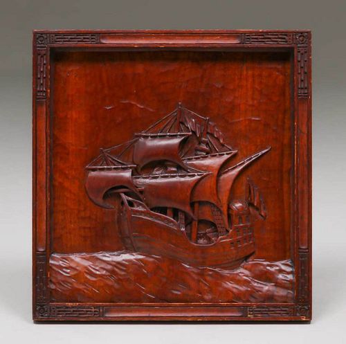 Boston Arts & Crafts Hand-Carved Galleon Ship Panel