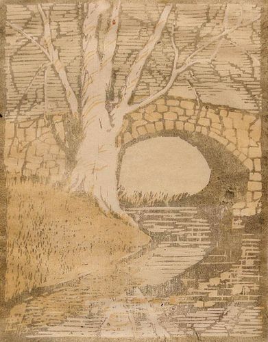 Margaret Whittemore Woodblock Print "Old Stone Bridge"