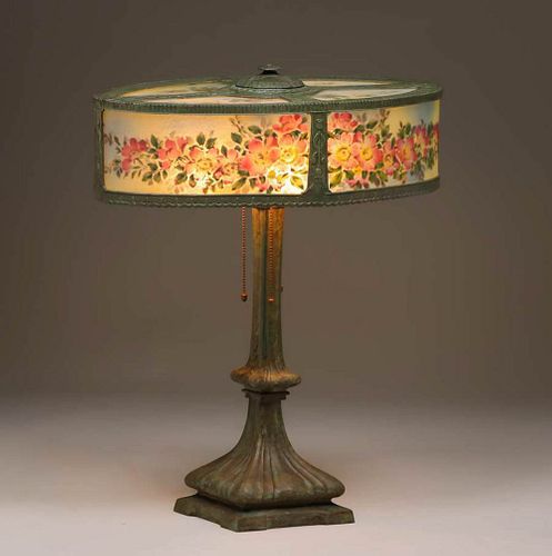 Large Bradley & Hubbard Reverse-Painted Oval Lamp c1910