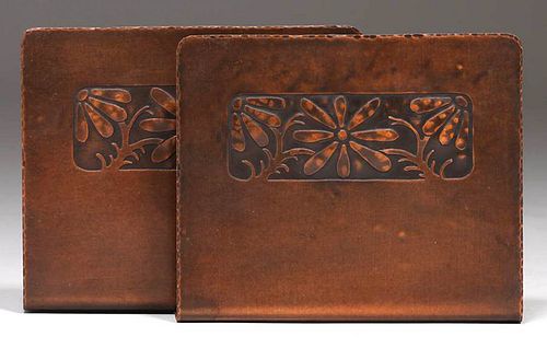 Early Craftsman Studios Hammered Copper Acid-Etched Bookends
