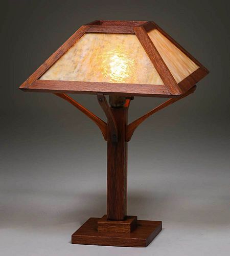 Mission Oak Slag Glass Lamp c1910