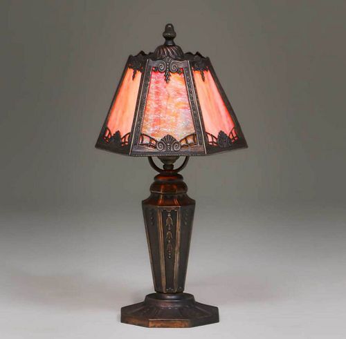 Arts & Crafts Six-Panel Overlay Boudoir Lamp c1920