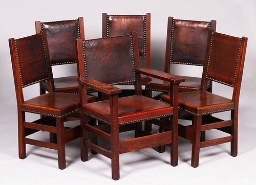 Set of 6 Gustav Stickley Leather-Back Chairs