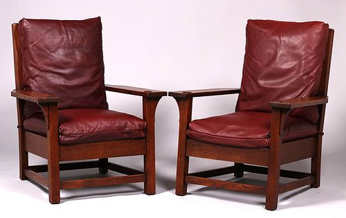 Pair Early Gustav Stickley Large Armchairs c1902