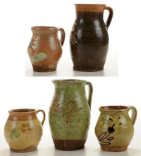 Five Pieces Decorated Redware Pottery