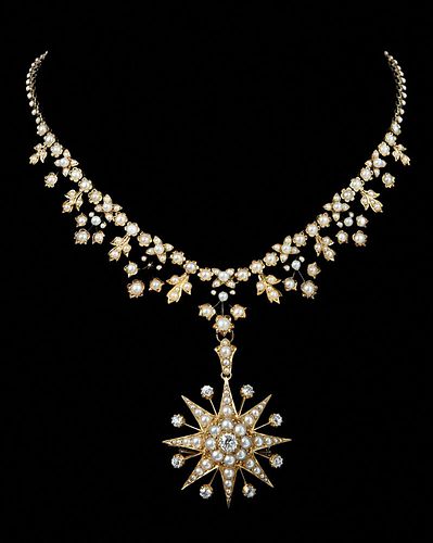 Antique Gold, Seed Pearl and Diamond Necklace