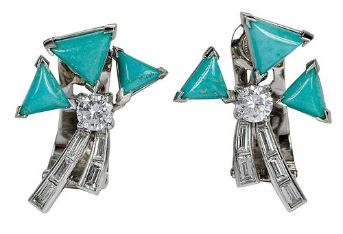 Art Deco Platinum Diamond & Turquoise Earclips