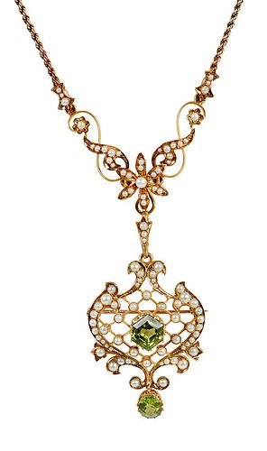 Antique Gold Peridot and Pearl Necklace