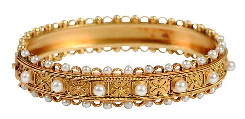Antique Gold and Pearl Hinged Bracelet