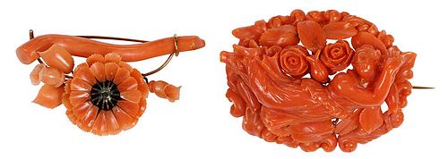 Two Gold Antique Carved Coral Brooches