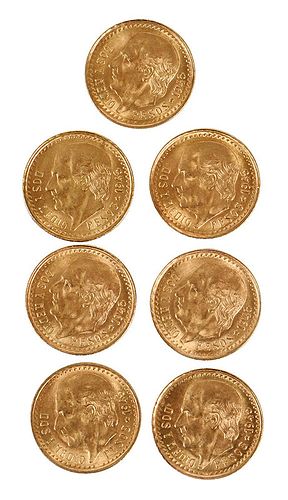 Seven Mexican Gold 2-1/2 Peso Coins