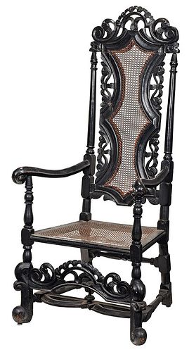 William and Mary Carved and Caned Open Armchair