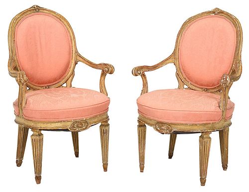 Pair Italian Louis XVI Style Carved Open Armchairs