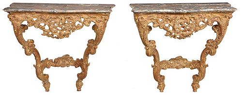 Pair Louis XV Carved Marble Top Console Tables